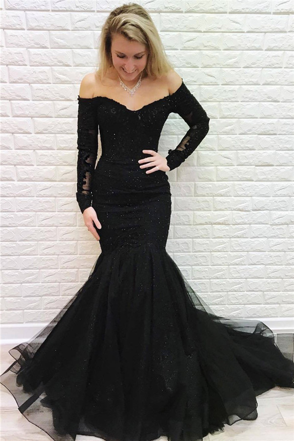 Black Off-The-Shoulder Long Sleeves Mermaid Evening Dresses-newarrivaldress