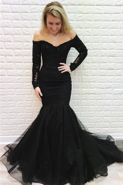 Black Off-The-Shoulder Long Sleeves Mermaid Evening Dresses-newarrivaldress