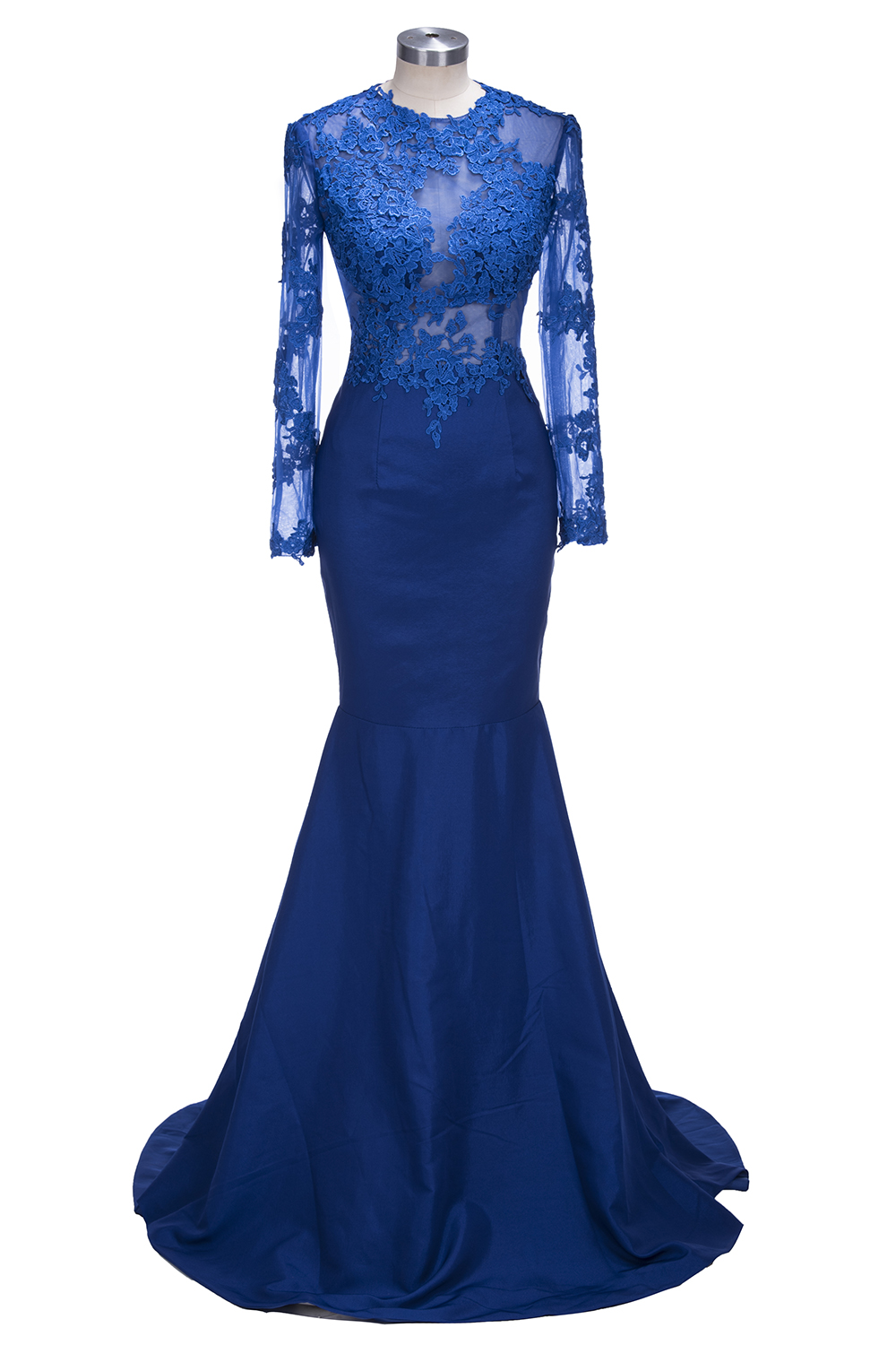 Long-Sleeves Royal-Blue Sheer Long Mermaid Lace Prom Dresses-newarrivaldress