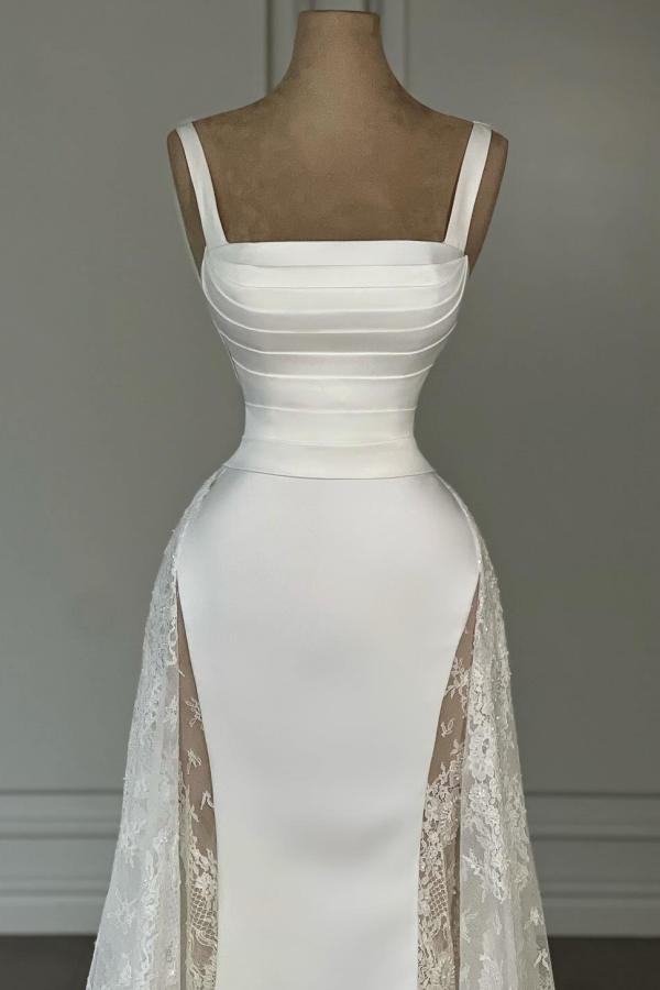 Square Neck Ruched Satin Long Prom Dress Floral Lace Mermaid Evening Gown-newarrivaldress