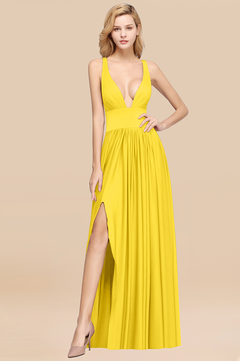 Elegant V-Neck Sleeveless Bridesmaid Dress |Aline Floor Length Bridesmaid Dress With Slit-newarrivaldress