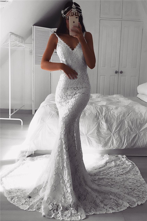 Modern Beautiful Lace V-neck Mermaid Wedding Dresses | Custom Made Online Bridal Gowns-newarrivaldress