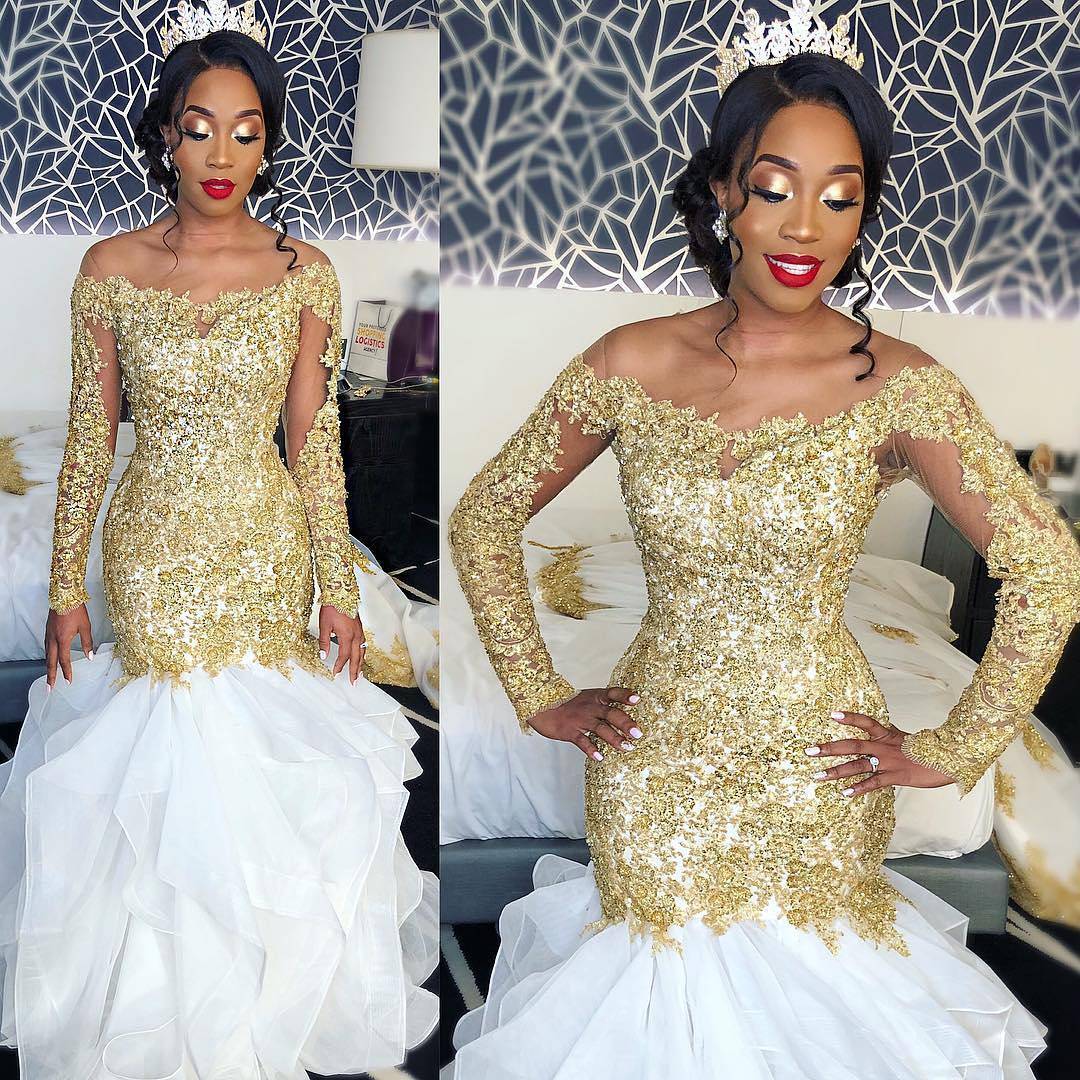 Elegant New Arrival Gold Beautiful Lace Long Sleeve Wedding Dresses | Mermaid Online Bridal Gowns-newarrivaldress