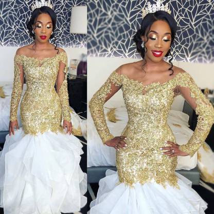 Elegant New Arrival Gold Beautiful Lace Long Sleeve Wedding Dresses | Mermaid Online Bridal Gowns-newarrivaldress