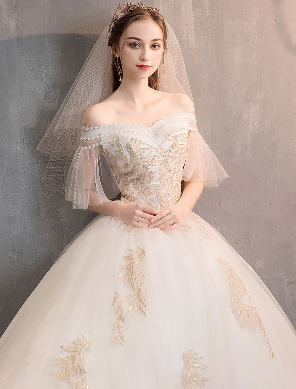 Princess Wedding Dress Ivory Off The Shoulder Floor Length Bridal Gown-newarrivaldress