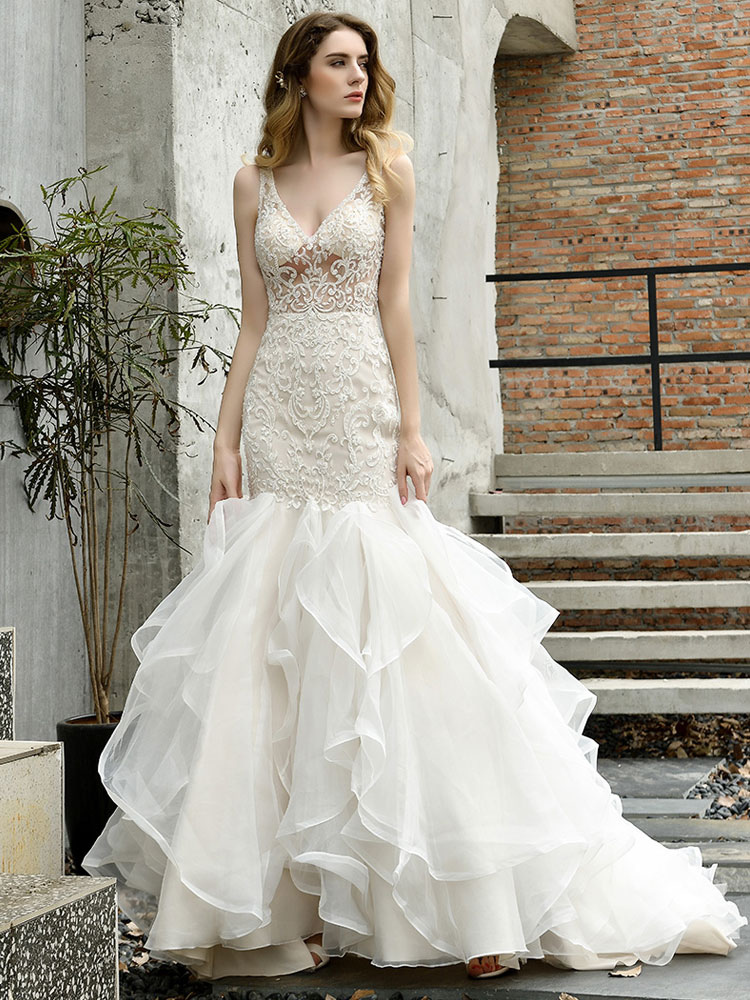 Wedding Bridal Gowns Mermaid Sleeveless V Neck Lace Bridal Gowns With Train-newarrivaldress