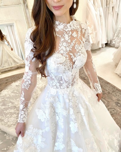 Romantic Wedding Dress with Sleeves Floral Lace High Neck Garden Bridal Dress-newarrivaldress