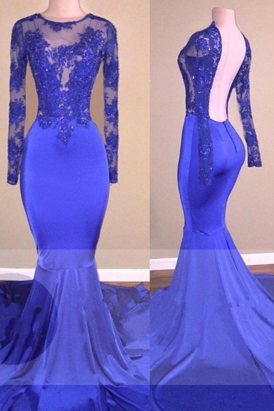 Long Sleeve Royal Blue Open Back Beaded Mermaid Prom Dresses-newarrivaldress