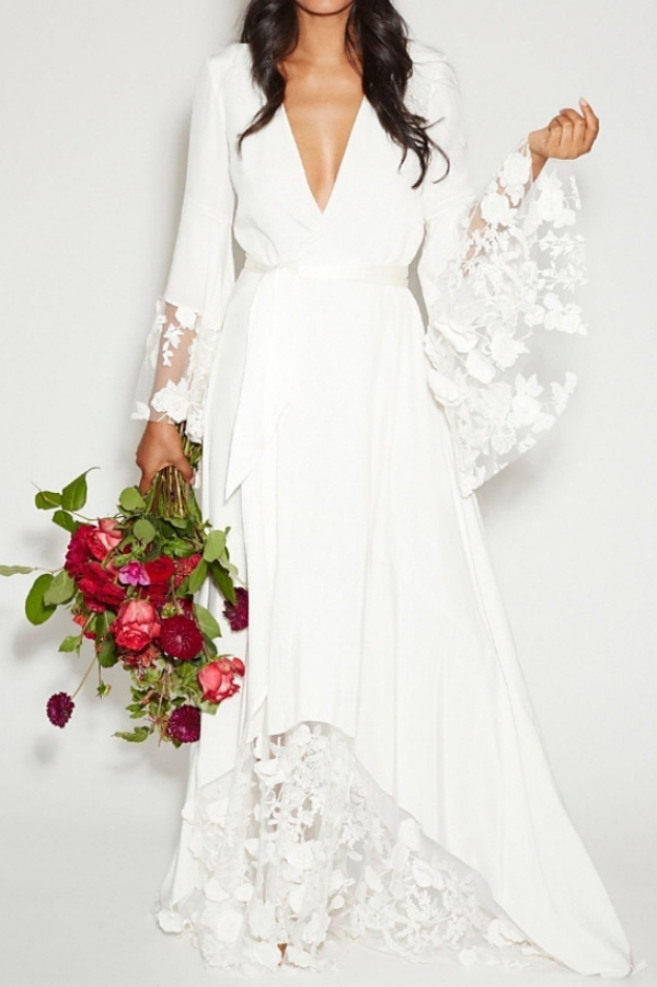 Ruffle Sleeves V-neck Aline Hi-lo Wedding Reception Dress with Lace Ruffle Sleeves V-neck Aline Hi-lo Wedding Reception Dress with Lace