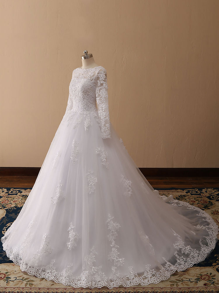 Wedding Dresses 2021 Princess Silhouette Bateau Neck Long Sleeve Natural Waist Lace Tulle Bridal Gowns-newarrivaldress