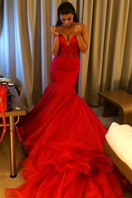 Sexy red Sweetheart Evening DressMermaid Beadings With Train-newarrivaldress