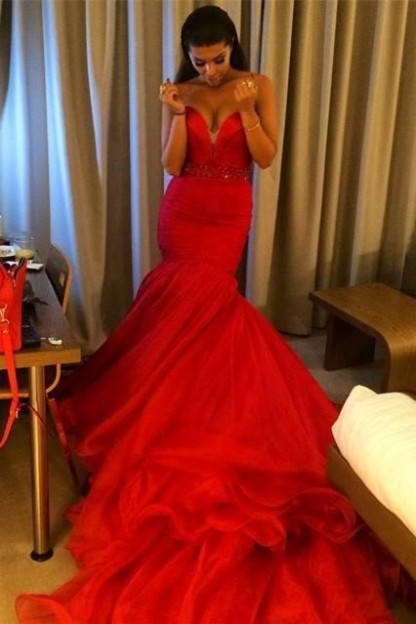 Sexy red Sweetheart Evening DressMermaid Beadings With Train-newarrivaldress