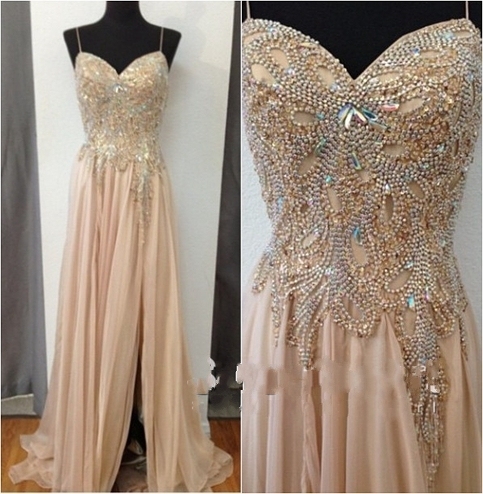 Champagne Chiffon Crystals Long Prom Dresses Spaghettis Straps Sweetheart Side Slit Evening Gowns-newarrivaldress