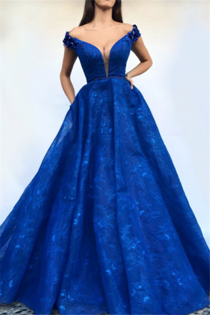 Royal Blue Off-The-Shoulder Appiques A-Line Prom Dress-newarrivaldress