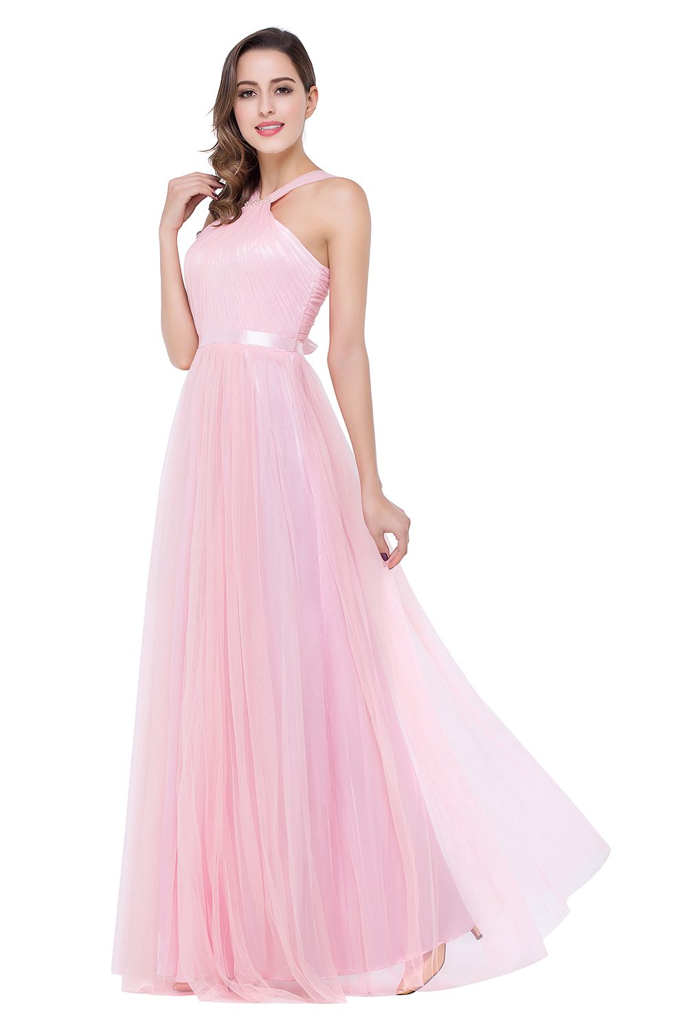 ELLIOTT | Sheath Floor-length Pink Tulle Bridesmaid Dresses with Ribbon Sash-newarrivaldress