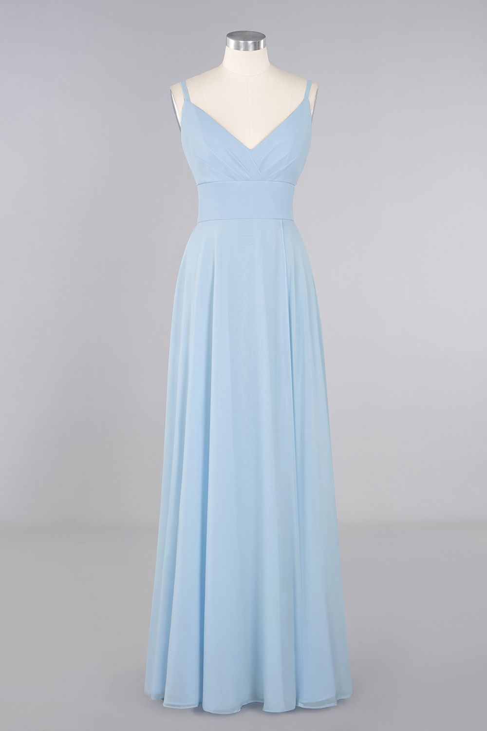 Stylish Spaghetti-Straps Sky Blue Slit Long Ruffle Chiffon Bridesmaid Dresses-newarrivaldress
