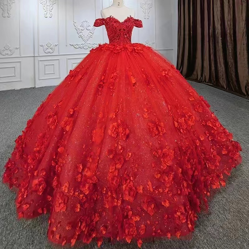 Off-the-Shoulder Red Tulle Ball Gown Quinceanera Dress Glitter Pearls With Flower Appliques-newarrivaldress