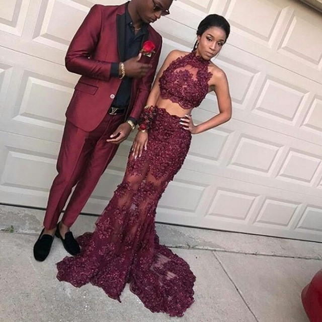 Lace Halter Burgundy Prom Dress, burgundy prom dress online-newarrivaldress