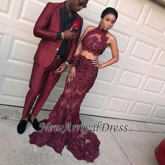 Lace Halter Burgundy Prom Dress, burgundy prom dress online-newarrivaldress