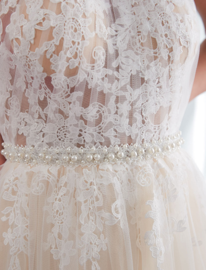 Beach Wedding Dresses Halter Champagne Lace Tulle Beaded Flowers Bridal Gowns With Train-newarrivaldress