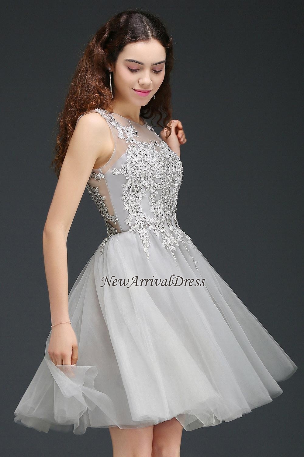 Silver Short Appliques Sleeveless A-Line Tulle Homecoming Dress-newarrivaldress