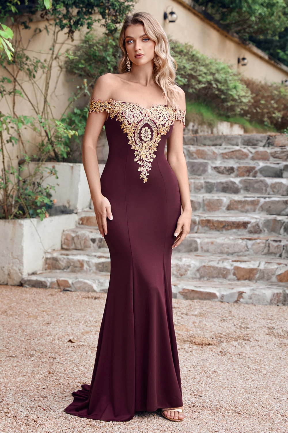 Off-the-shoulder Burgundy Evening Dress with Gold Lace Appliques Floor Length Formal Dress-newarrivaldress