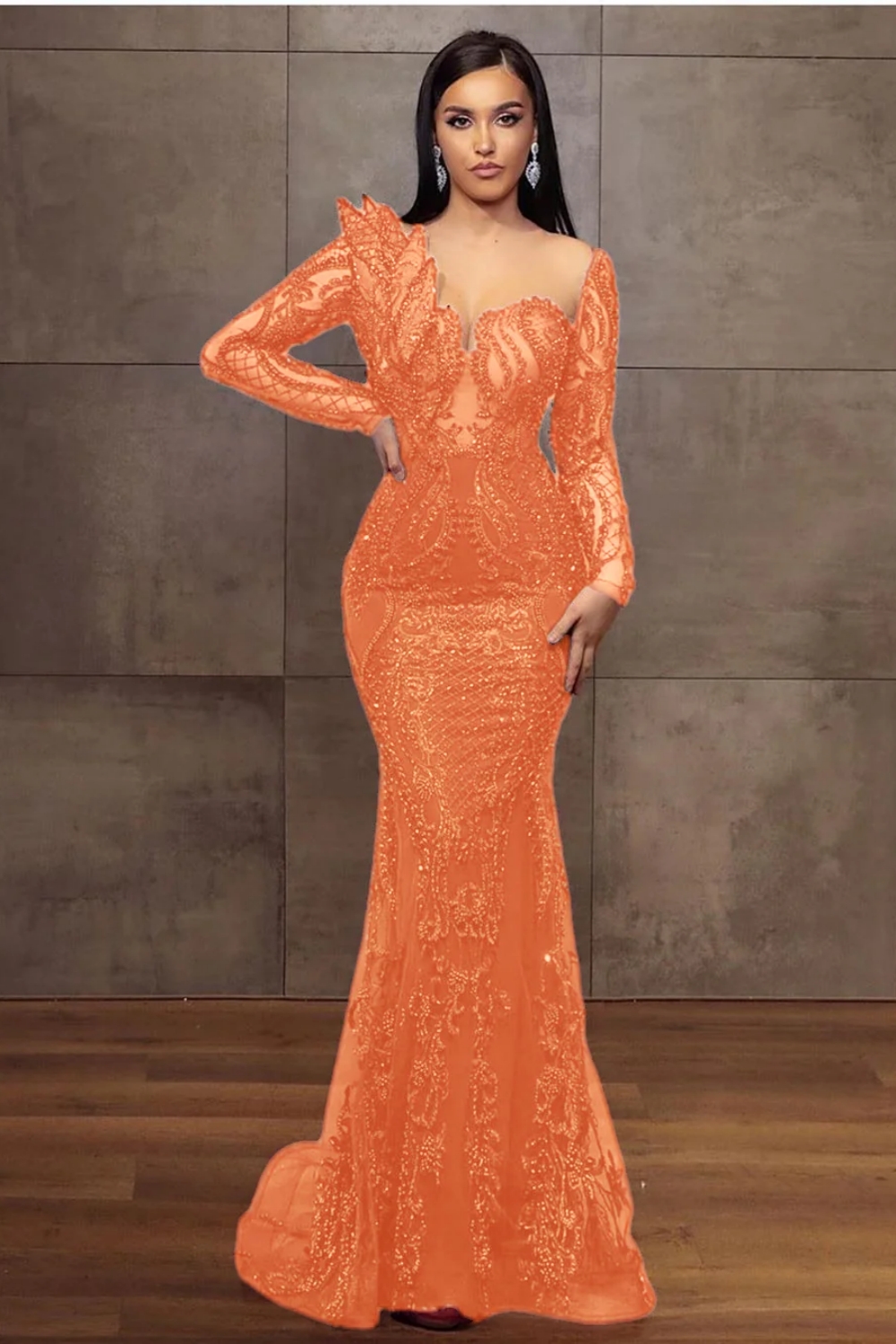 Charming Glitter Burgundy Long Sleeves Mermaid Prom Dress Beadings Evening Dress-newarrivaldress