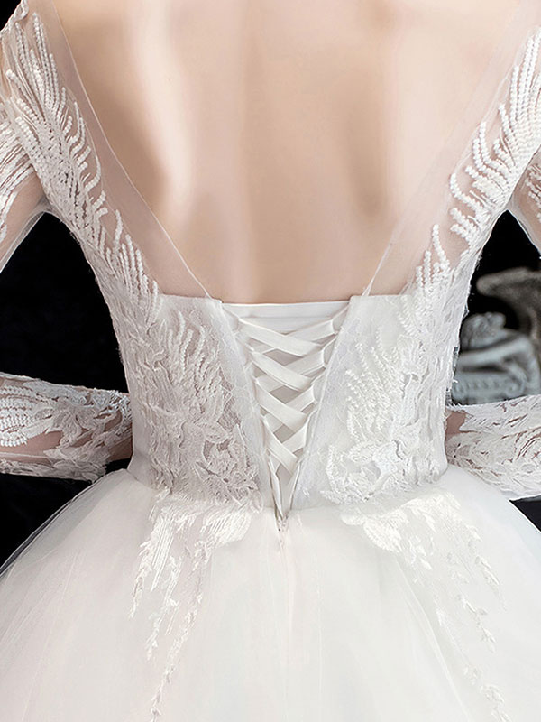 White Wedding Dress Ball Gown Cathedral Train Jewel Neck 3/4 Length Sleeves Natural Waist Applique Satin Fabric Bridal Dresses-newarrivaldress