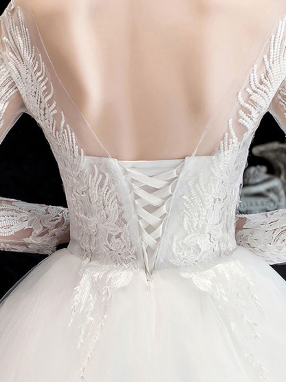 White Wedding Dress Ball Gown Cathedral Train Jewel Neck 3/4 Length Sleeves Natural Waist Applique Satin Fabric Bridal Dresses-newarrivaldress