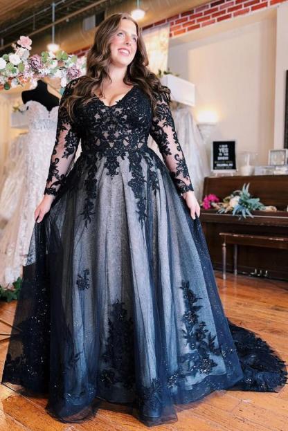 Elegant Long Sleeves A-line Black Wedding Dress with Lace Appliques V-Neck Long Bridal Dress with Front Slit-newarrivaldress