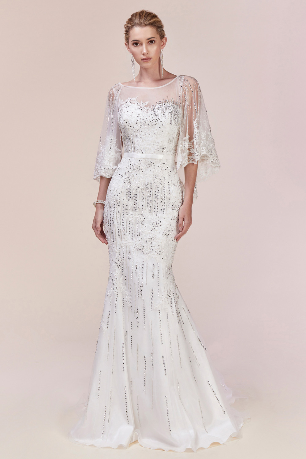 Stylish Slim Mermaid Wedding Party Dress Sequins with Cape-newarrivaldress