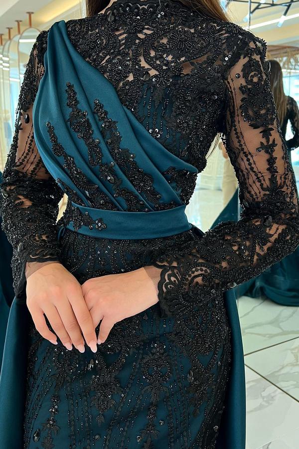 Chic High Neck Long Sleeves Mermaid Prom Dress Black Beadings Appliques Evening Gown with Sweep Train-newarrivaldress