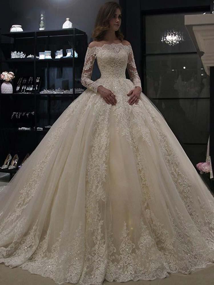 Gorgeous Off Shoulder Long Sleeves ALine Ball Gown Floral Appliques Bridal Dress-newarrivaldress