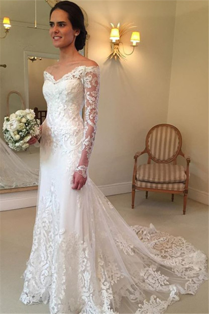 Sexy Off The Shoulder Beautiful Lace Long Sleeve Sheath V-neck Court-Train Wedding Dresses-newarrivaldress