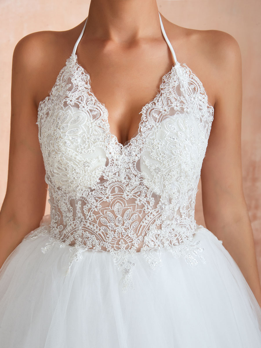 Wedding Dress 2021 Ball Gown Halter Sleeveless Floor Length Lace Tulle Bridal Gowns With Train-newarrivaldress