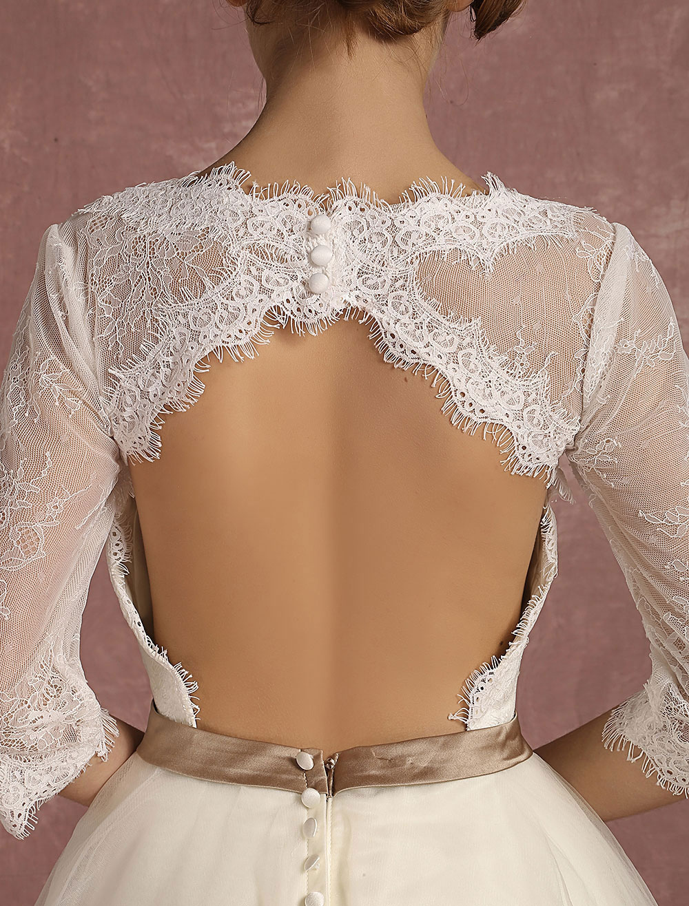 Vintage Wedding Dress Short Lace Tulle Bridal Dress Half Sleeve V Neck Backless A Line Flower Sash Tea Length Bridal Gown Exclusive-newarrivaldress