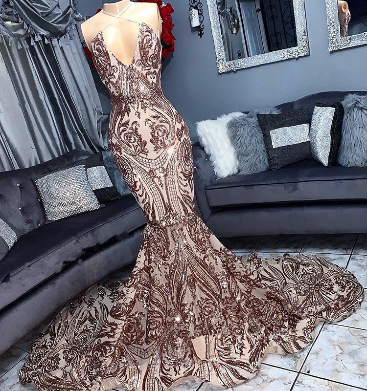 V-neck Sequins Sleeveless Mermaid Floor Length Long Prom Dresses-newarrivaldress