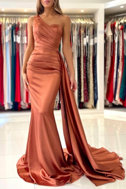 Stunning Satin One Shoulder evening Dress Mermaid Long Party Dres with Cape-newarrivaldress