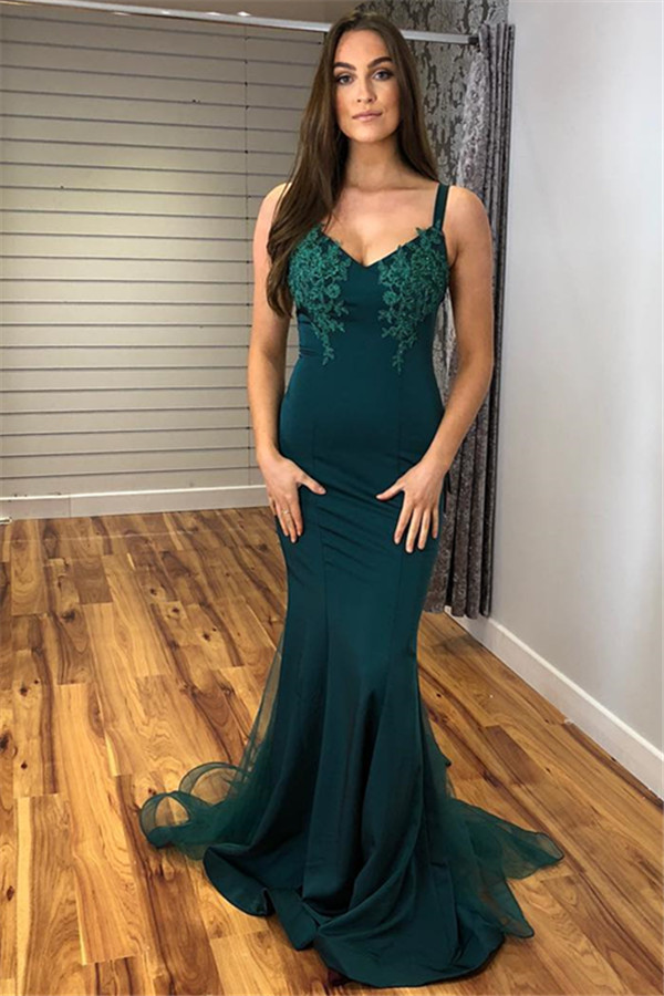Glamorous Straps Appliques V-Neck Mermaid Prom Dresses-newarrivaldress