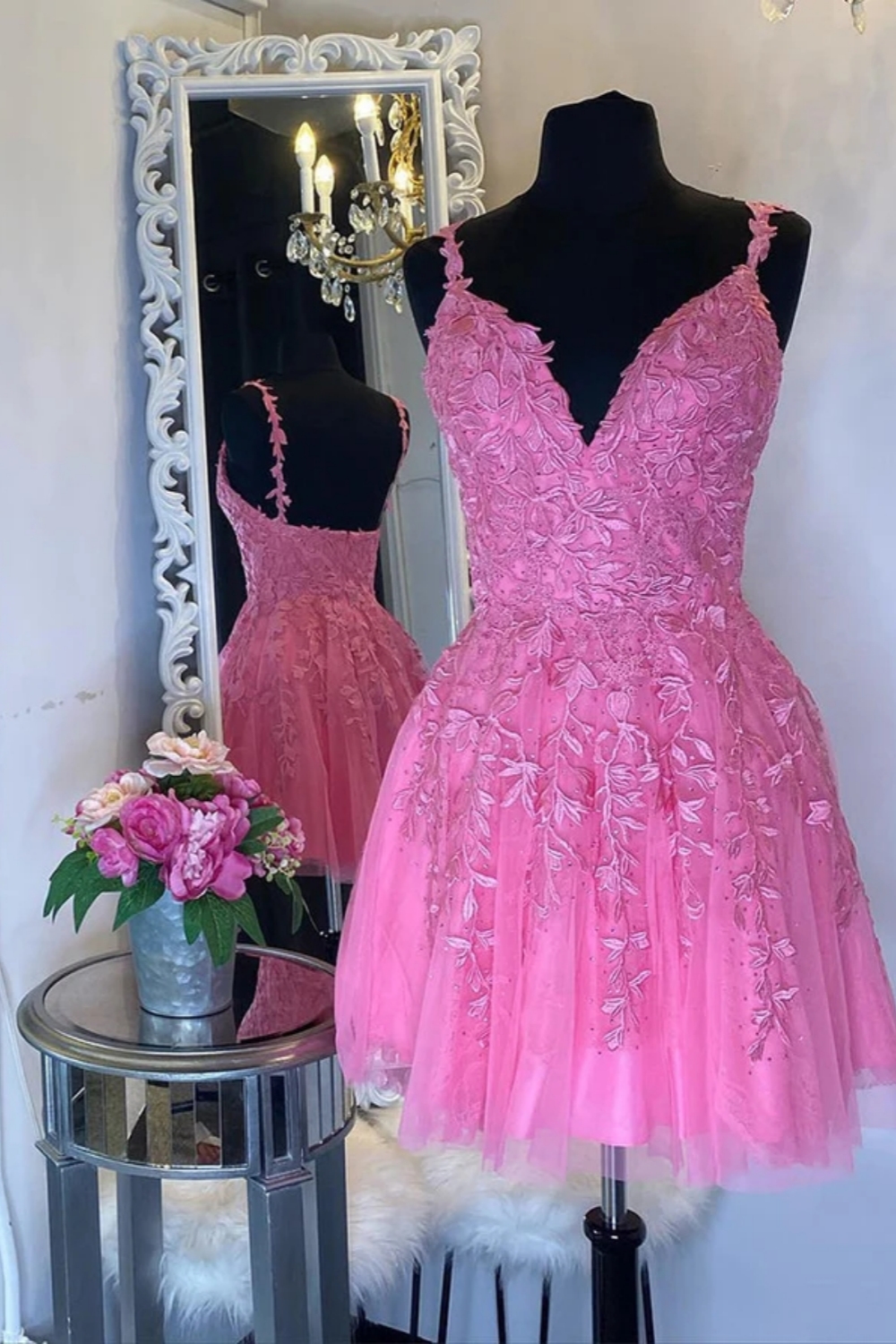 Lovely Pink Short Homecoming Dress Straps Tulle Lace Appliques Party Dress-newarrivaldress