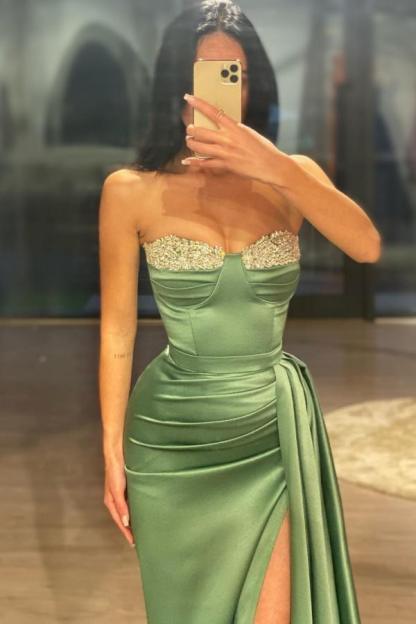 Stunning Strapless Ruched Satin Long Evening Dress with Train Glitter Floor Length Party Dress-newarrivaldress