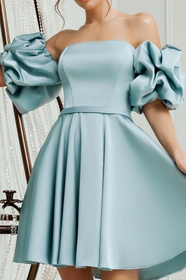 Puff Sleeve Sky Blue Satin Short Evening Party Dress Belt Aline Formal Dress for Summer-newarrivaldress