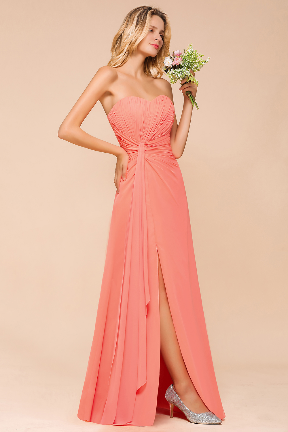 Sweetheart Ruffle Affordable Coral Chiffon Bridesmaid Dresses Strapless Lace-up Floor Length Wedding Guest Dresses-newarrivaldress