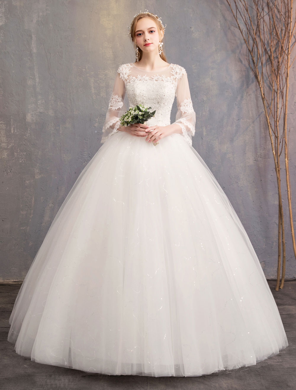 Ball Gown Wedding Dresses Tulle Jewel 3/4 Length Sleeve Floor Length Princess Bridal Gown-newarrivaldress