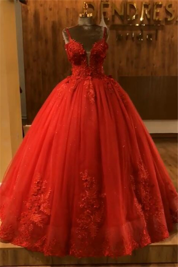 Red Straps Sleeveless Ball Gown Appliques Open Back Prom Dresses with Beading-newarrivaldress