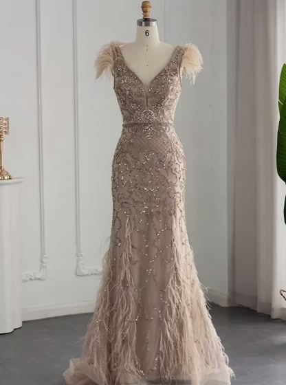 Gorgeous V-Neck Fur Mermaid Evening Gowns Glitter Sequined Long Wedding Party Dress