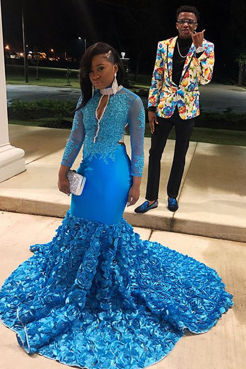 Chic High-Neck Appliques Flower Long-Sleeves Sexy Mermaid Prom Dress-newarrivaldress