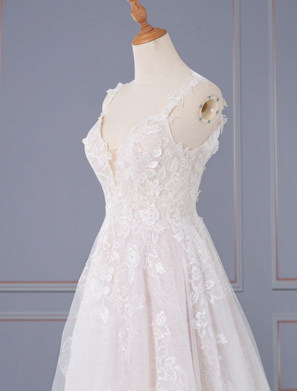 Light Pink Simple Wedding Dress A Line V-Neck Sleeveless Backless Long Lace Bridal Gowns-newarrivaldress