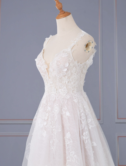 Light Pink Simple Wedding Dress A Line V-Neck Sleeveless Backless Long Lace Bridal Gowns-newarrivaldress