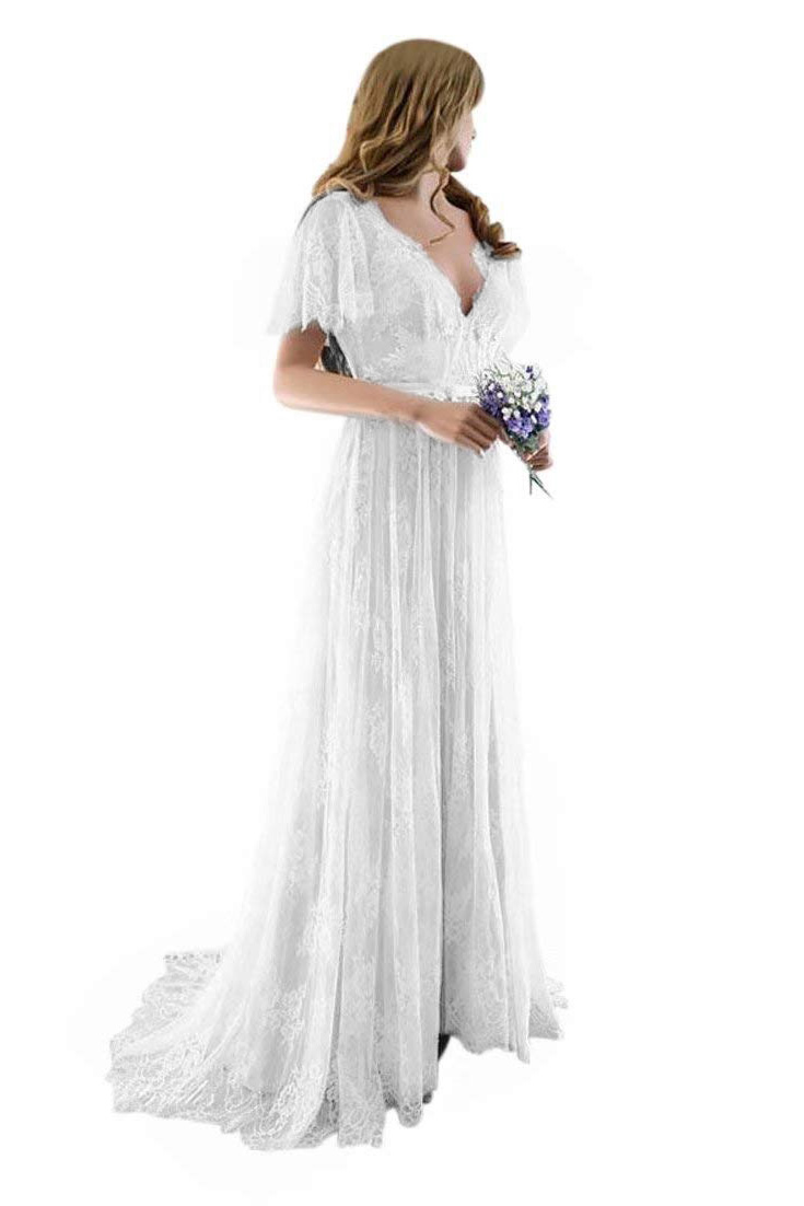 Lace Half Sleeves Boho Wedding Dress Chic Beach Bridal Gowns-newarrivaldress